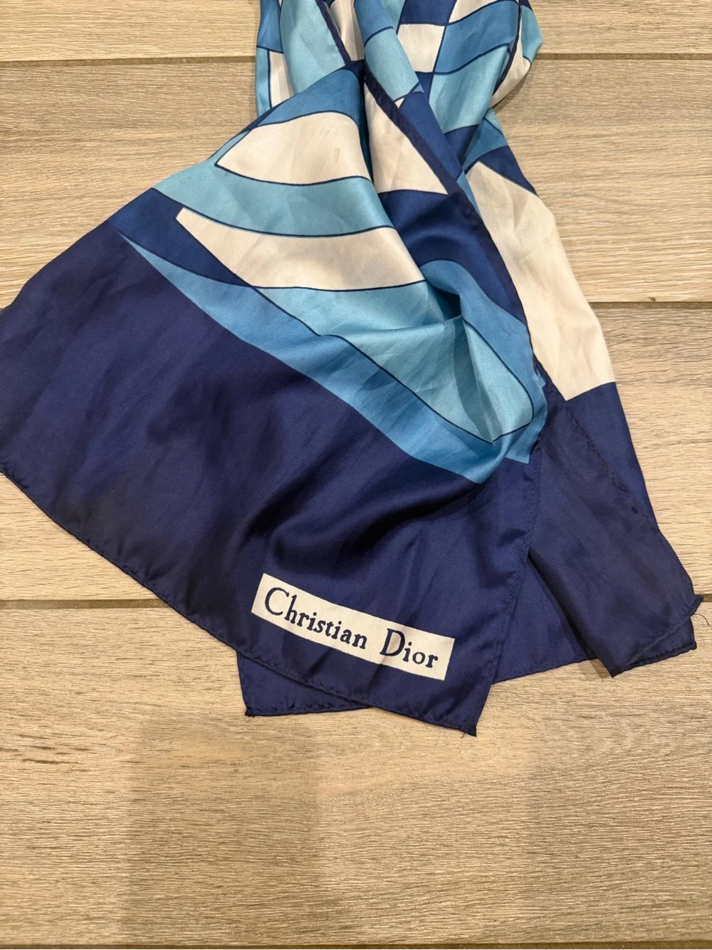 Vintage Christian Dior Geometric Silk Scarf Navy Blue Turquoise Cream Long